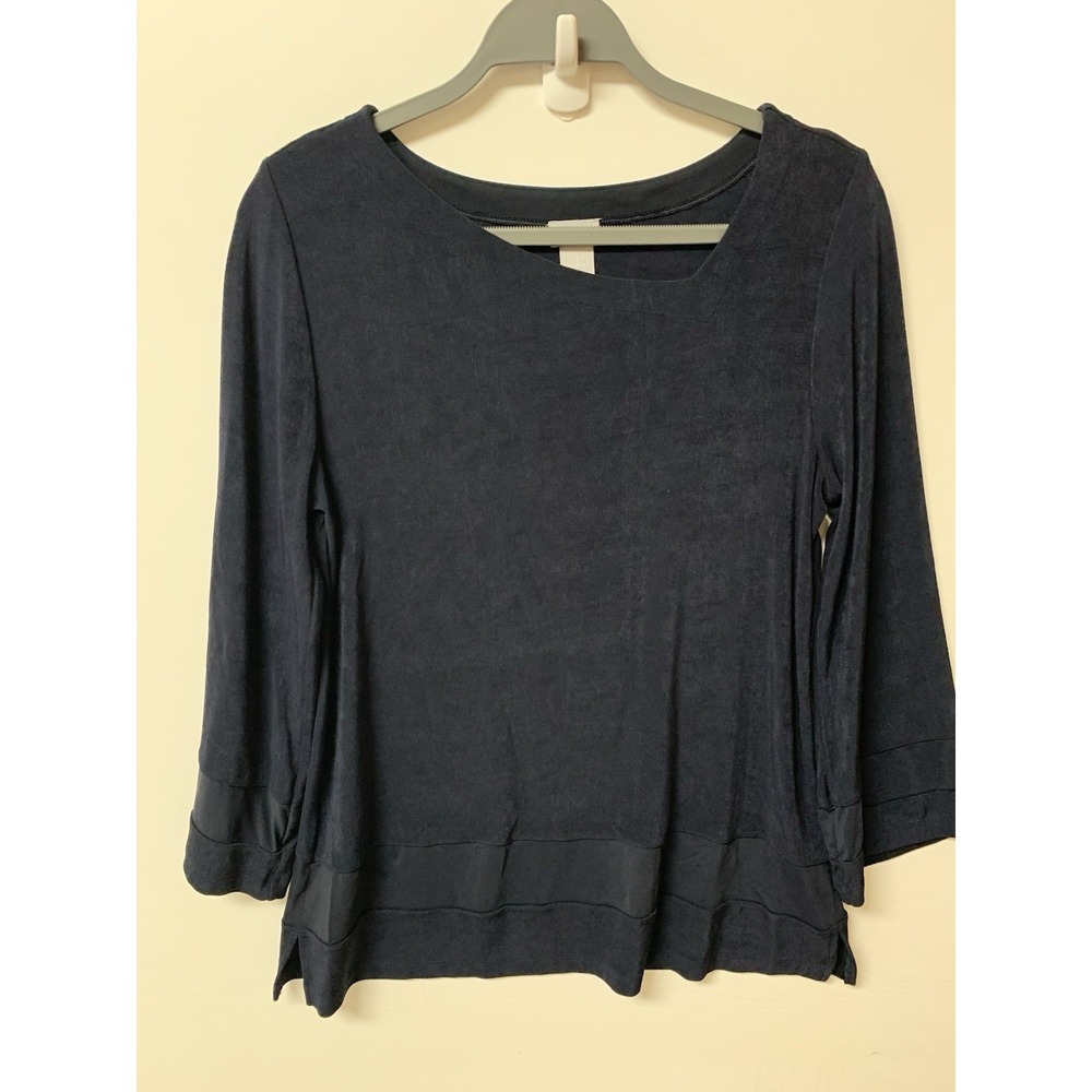 Chicos Travelers Blouse Women 1 Size 8/10 Black Mesh Asymmetrical Lagenlook